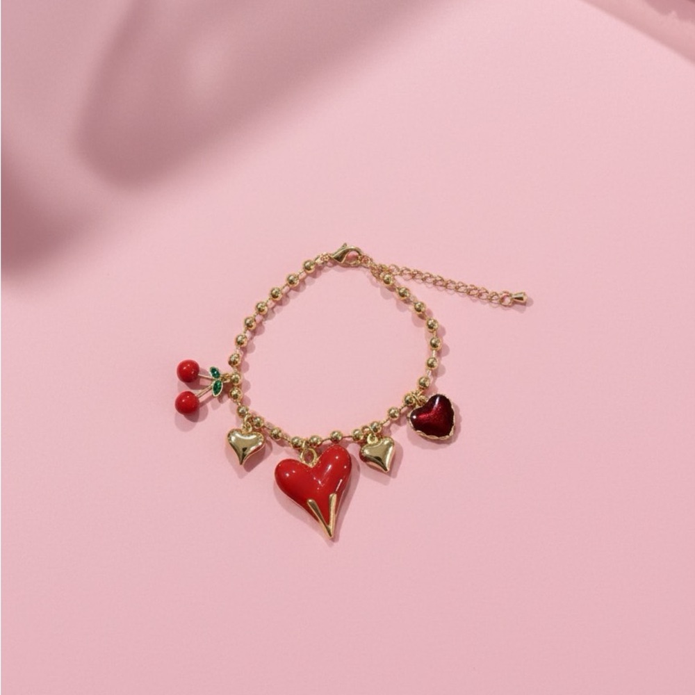 Gold and Red Heart Charm Bracelet